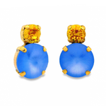 Gold and light sapphire blue round crystal stud earrings with antique gold-plated setting.