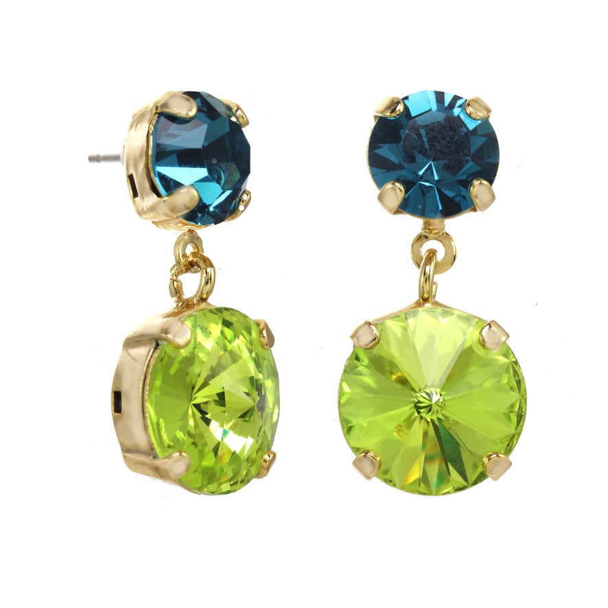 Blue and lime round Swarovski crystal drop earrings with plated brass setting.