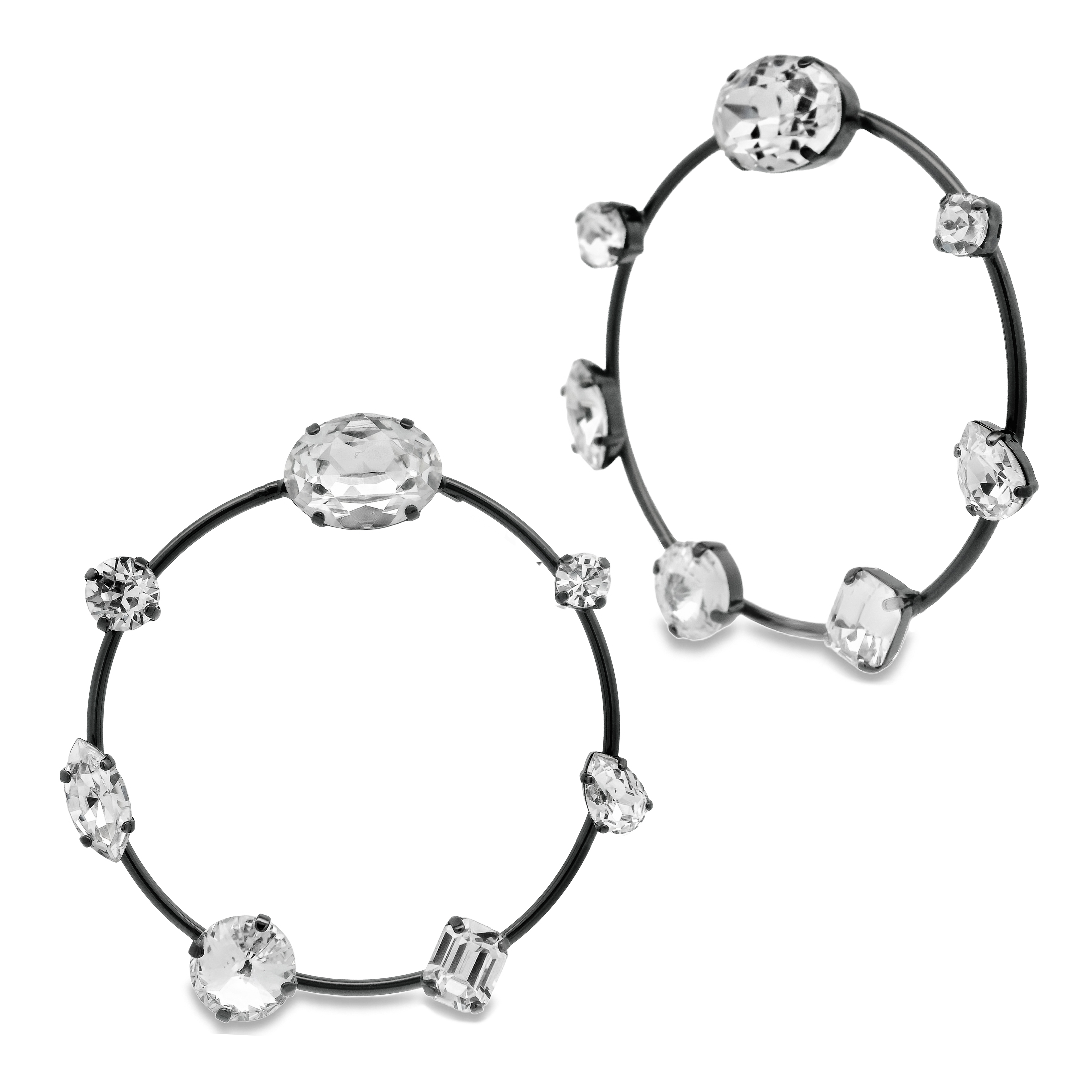 Gunmetal crystal hoop earrings with sparkling details and oversized 2.5-inch design.