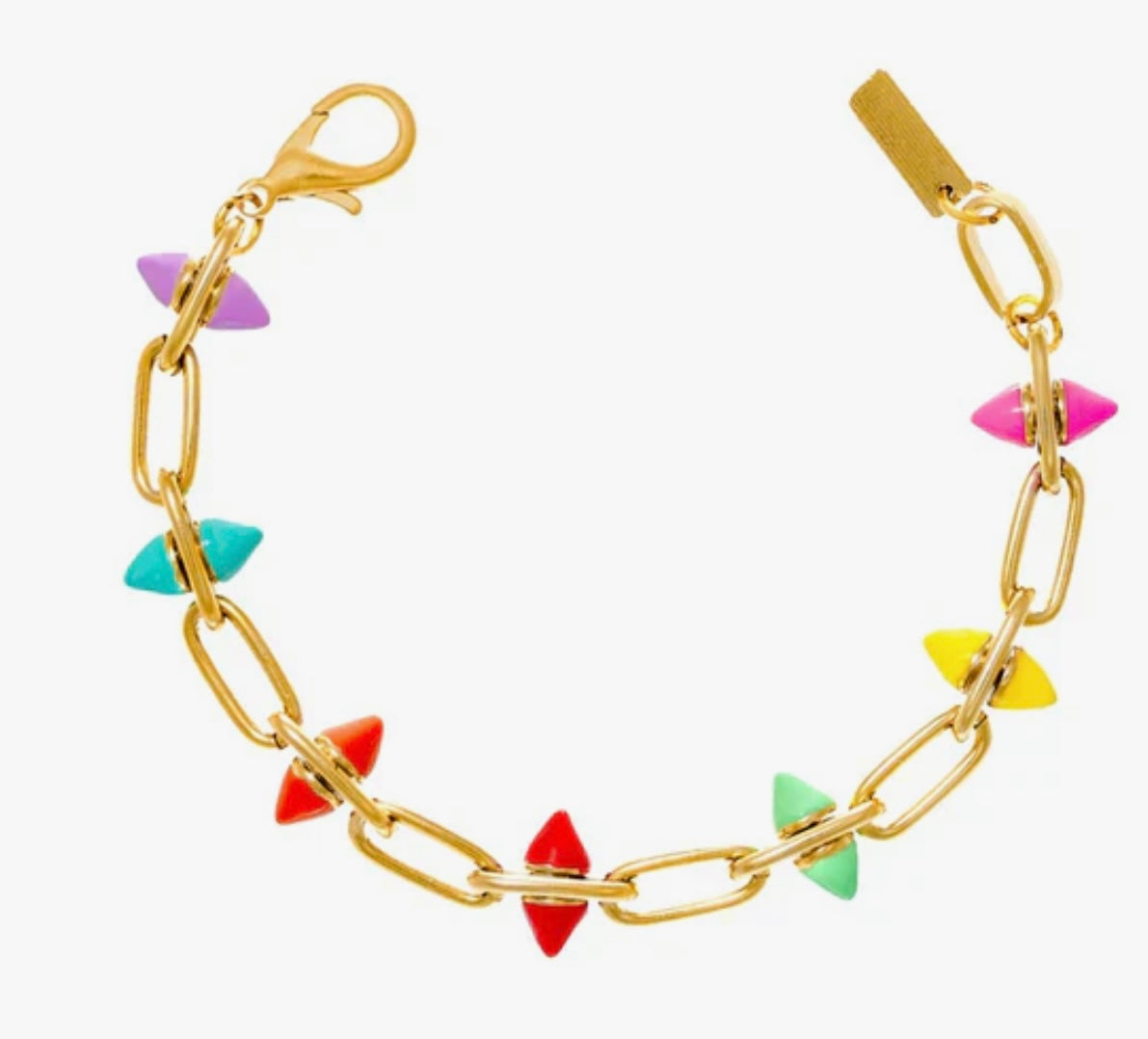 Rainbow enamel bracelet with antique gold finish and colorful details.