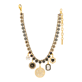 Antique gold necklace with smoky crystals, clear hearts, and statement LOVE charm.