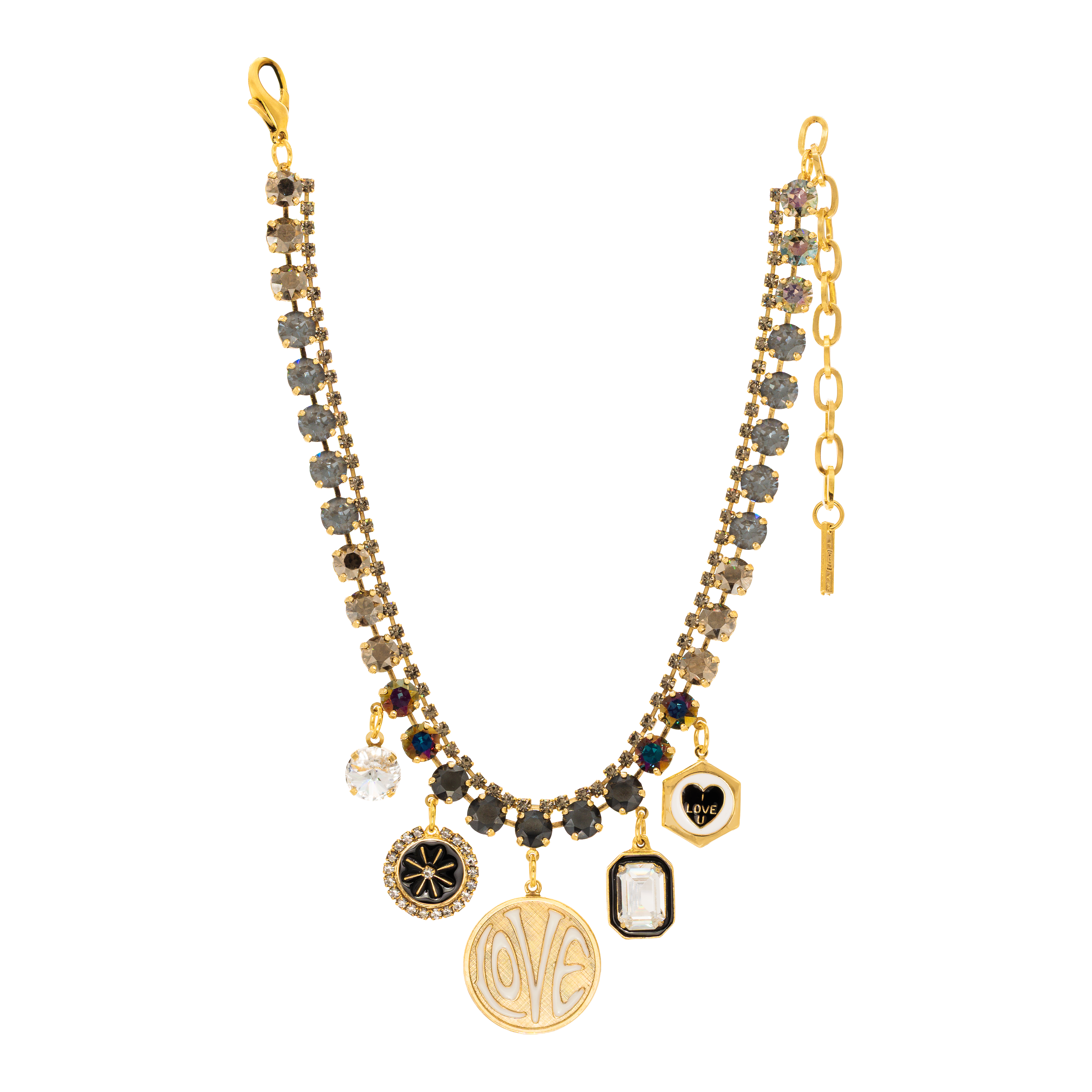 Antique gold necklace with smoky crystals, clear hearts, and statement LOVE charm.