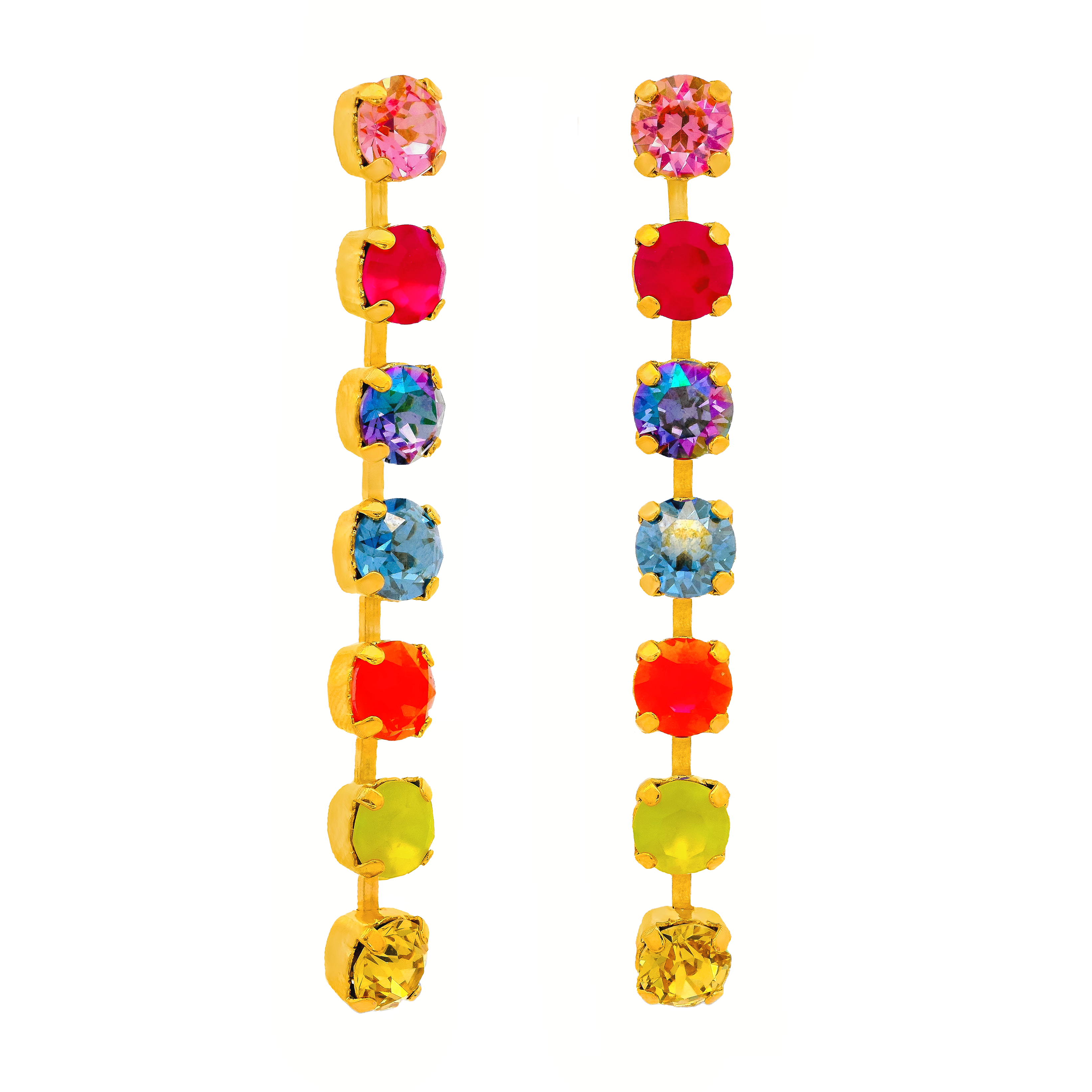 Gold-plated statement earrings with sparkling crystals and a colorful glamorous design.