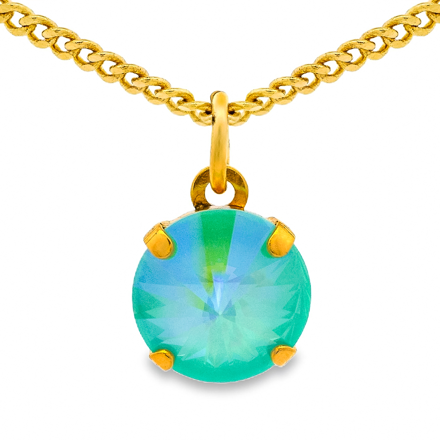 Tova necklace with soft mint and glacier blue crystals and antique gold-plated accents.