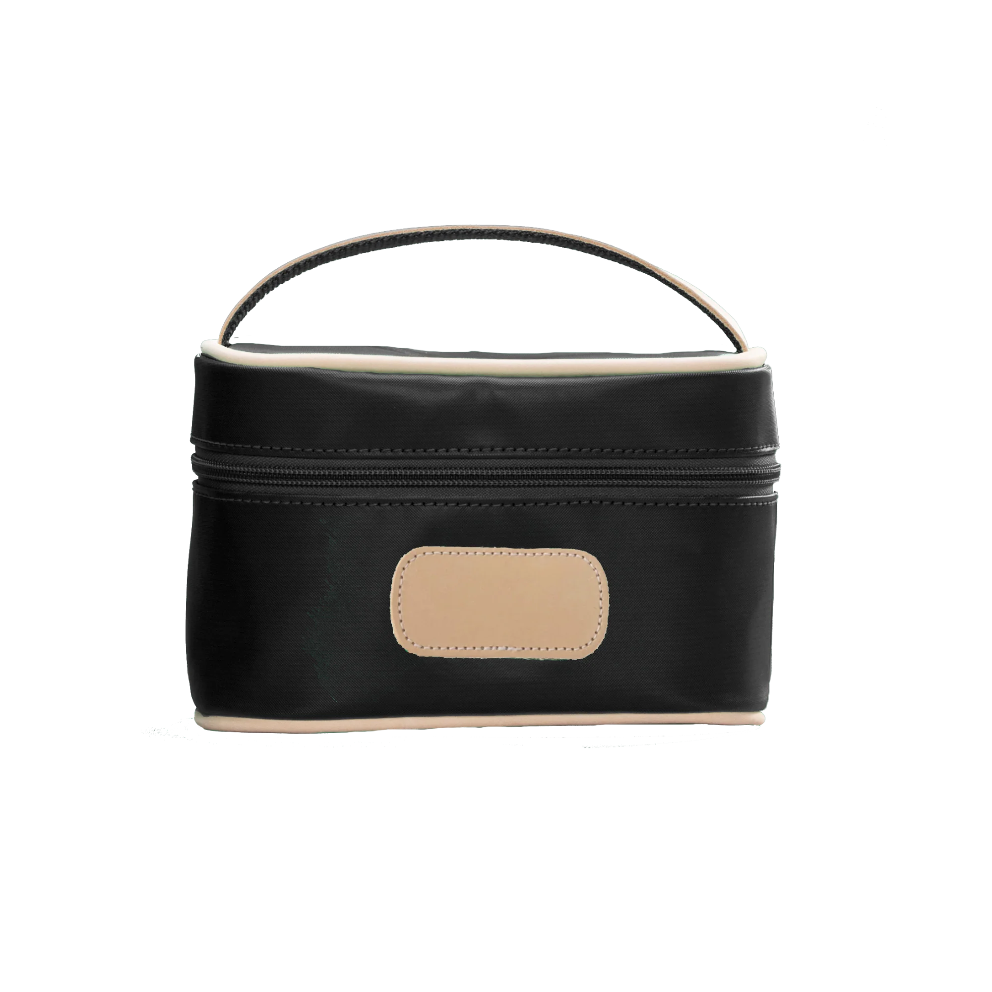 A black colored Jon Hart mini makeup case with natural leather trim and a leather patch for personalization.