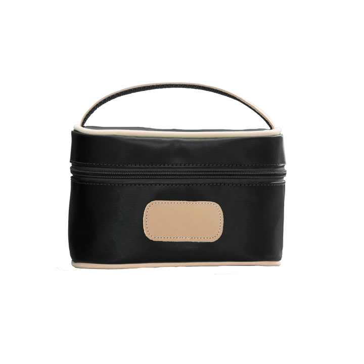 A black colored Jon Hart mini makeup case with natural leather trim and a leather patch for personalization.