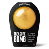 Gold shimmer Treasure Bath Bomb with coconut scent and hidden surprise inside.