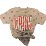 U.S.A. Tee with bold "USA" graphic, red and glittery light blue stripes, and subtle star details on a gray base.