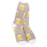 A pair of plush, soft beige crew socks with a repeating all-over pattern of frothy beer mugs. The socks feature solid white heels and toes.
