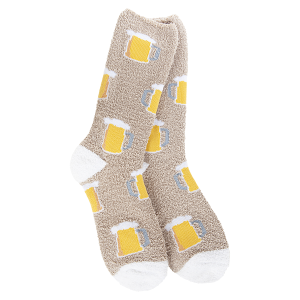 A pair of plush, soft beige crew socks with a repeating all-over pattern of frothy beer mugs. The socks feature solid white heels and toes.