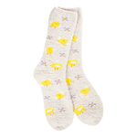 A pair of plush, soft cream-colored crew socks with a repeating pattern of bright yellow fried eggs and tiny purple flowers.