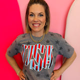 U.S.A. Tee with bold "USA" graphic, red and glittery light blue stripes, and subtle star details on a gray base.