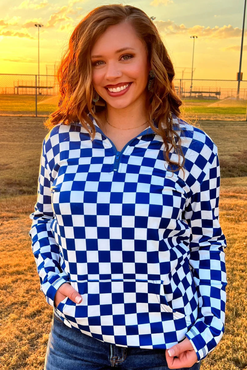 royal blue and white checkered quarter zip pullover top