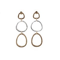 Triple gold and silver hoop dangle earrings, 2¼-inch length, modern two-tone design.