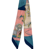Silky twilly scarf with pastel colors and vintage inspired illustrations.