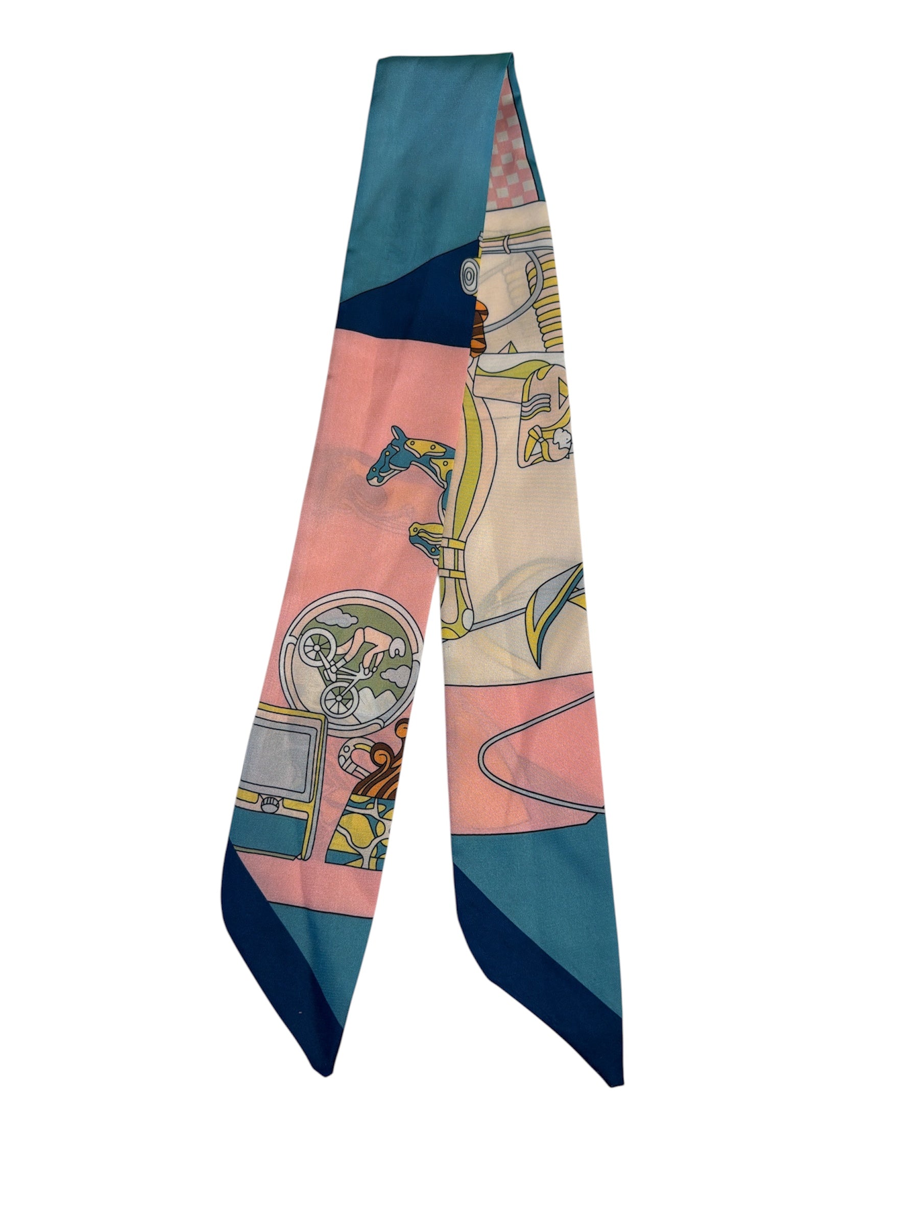 Silky twilly scarf with pastel colors and vintage inspired illustrations.