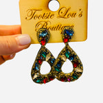 Teardrop antique gold earrings with multicolor gems and matching gem-studded stud top.