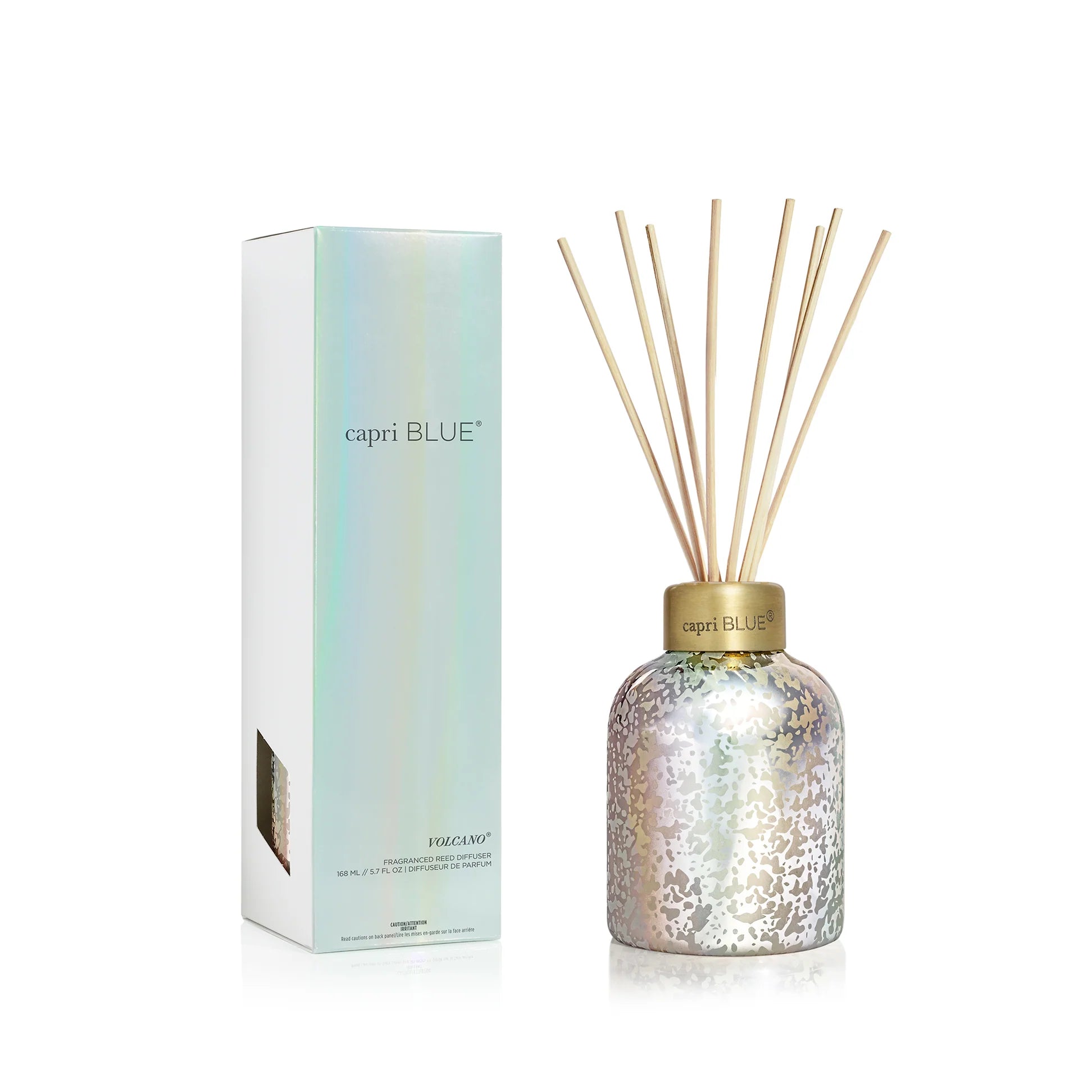 Capri Blue Volcano Mercury Iridescent Petite Reed Diffuser with tropical fruit and sugared citrus scent.