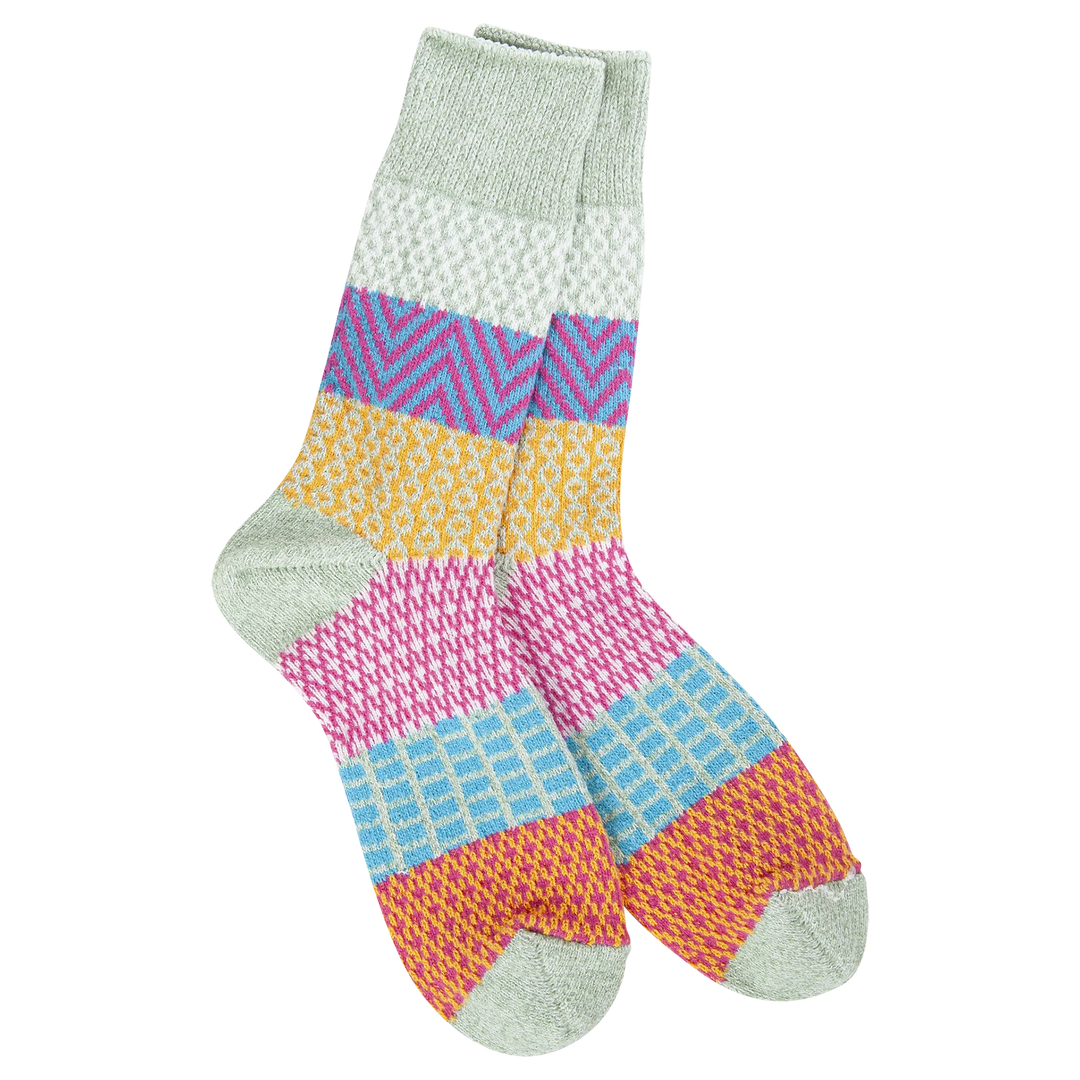 World’s Softest Socks crew style in pink, blue, yellow, and sage green with sage green toe and heel.