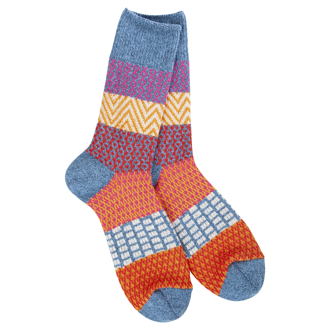 World’s Softest Socks crew style in denim blue, pink, yellow and orange.