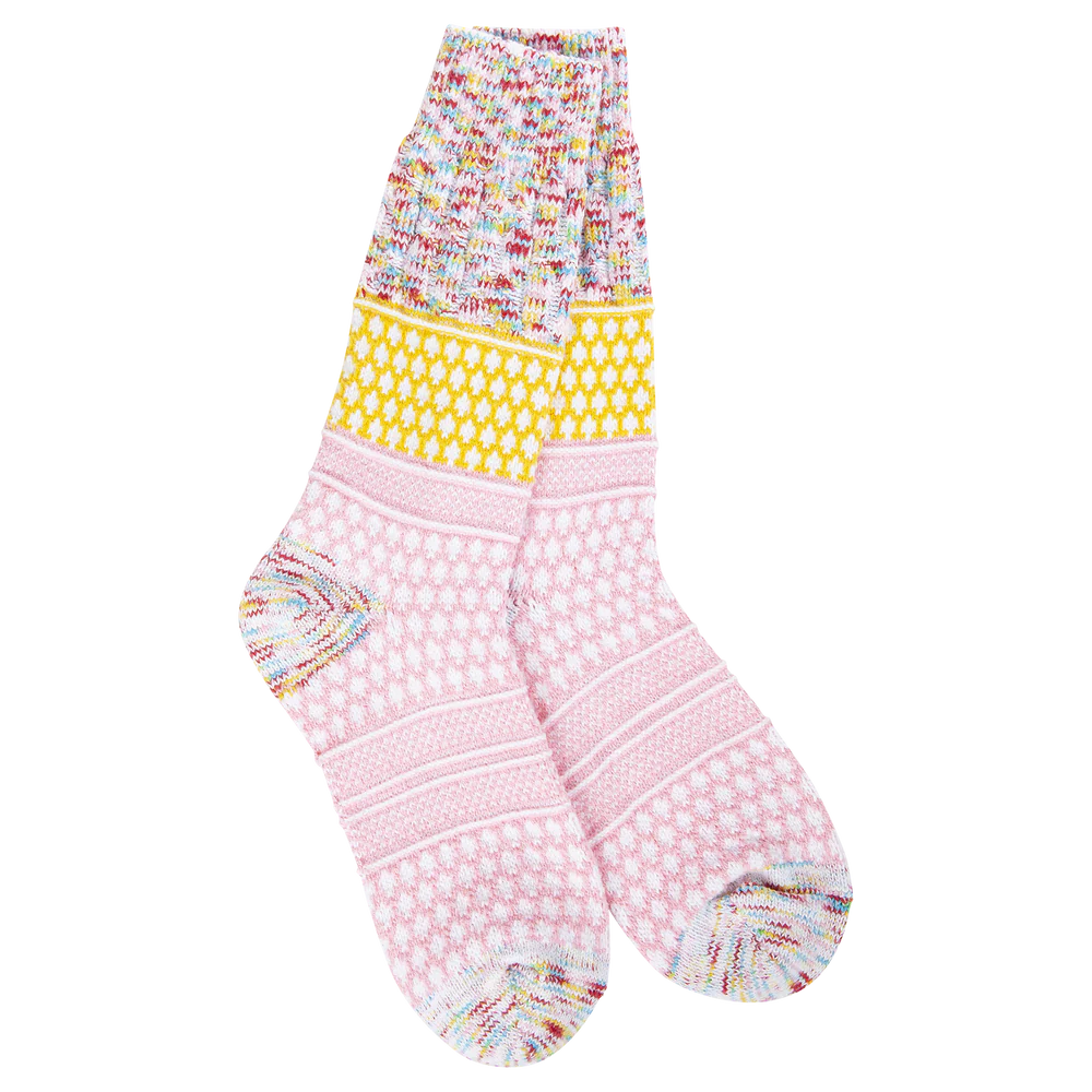 World’s Softest Socks brand crew socks with pink and yellow patterns