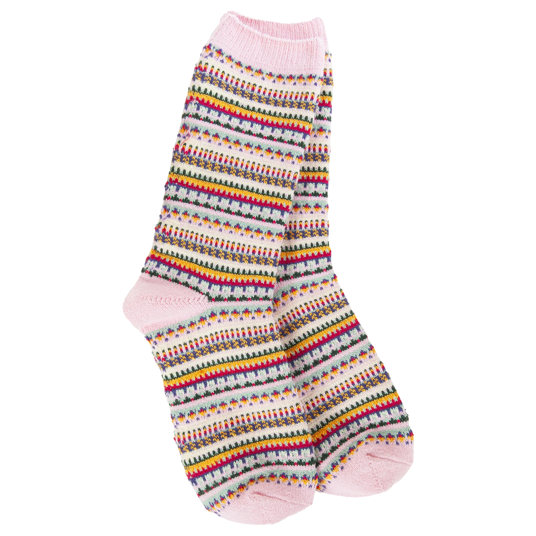 World’s Softest Socks striped crew socks in shades of pink, yellow, red, and blue.