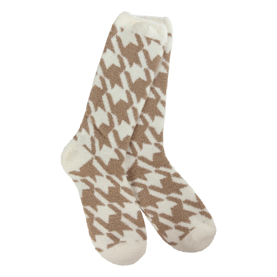 World’s Softest Socks crew style in tan and cream houndstooth.