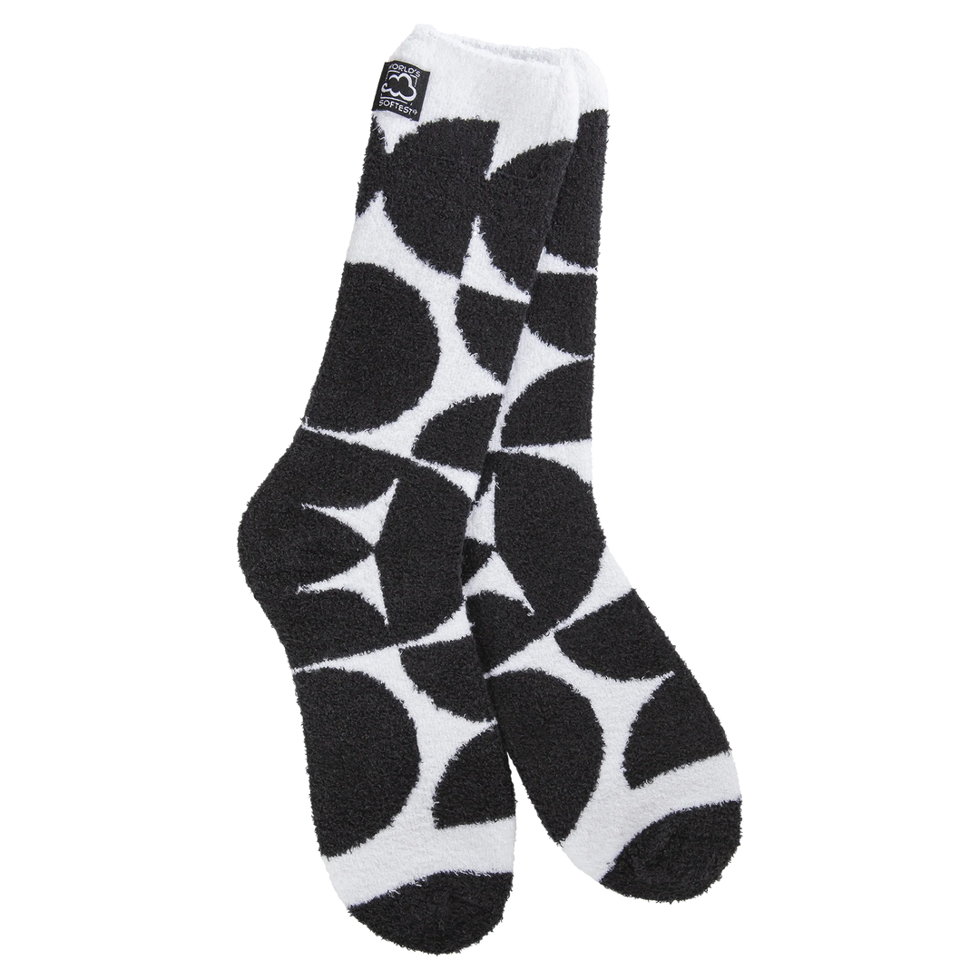World’s Softest Socks brand black and white geometric patterned crew socks