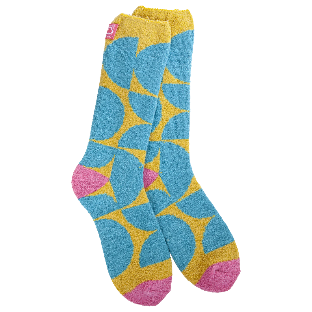 World’s Softest Socks brand geometric turquoise and yellow crew socks with pink heels and toes