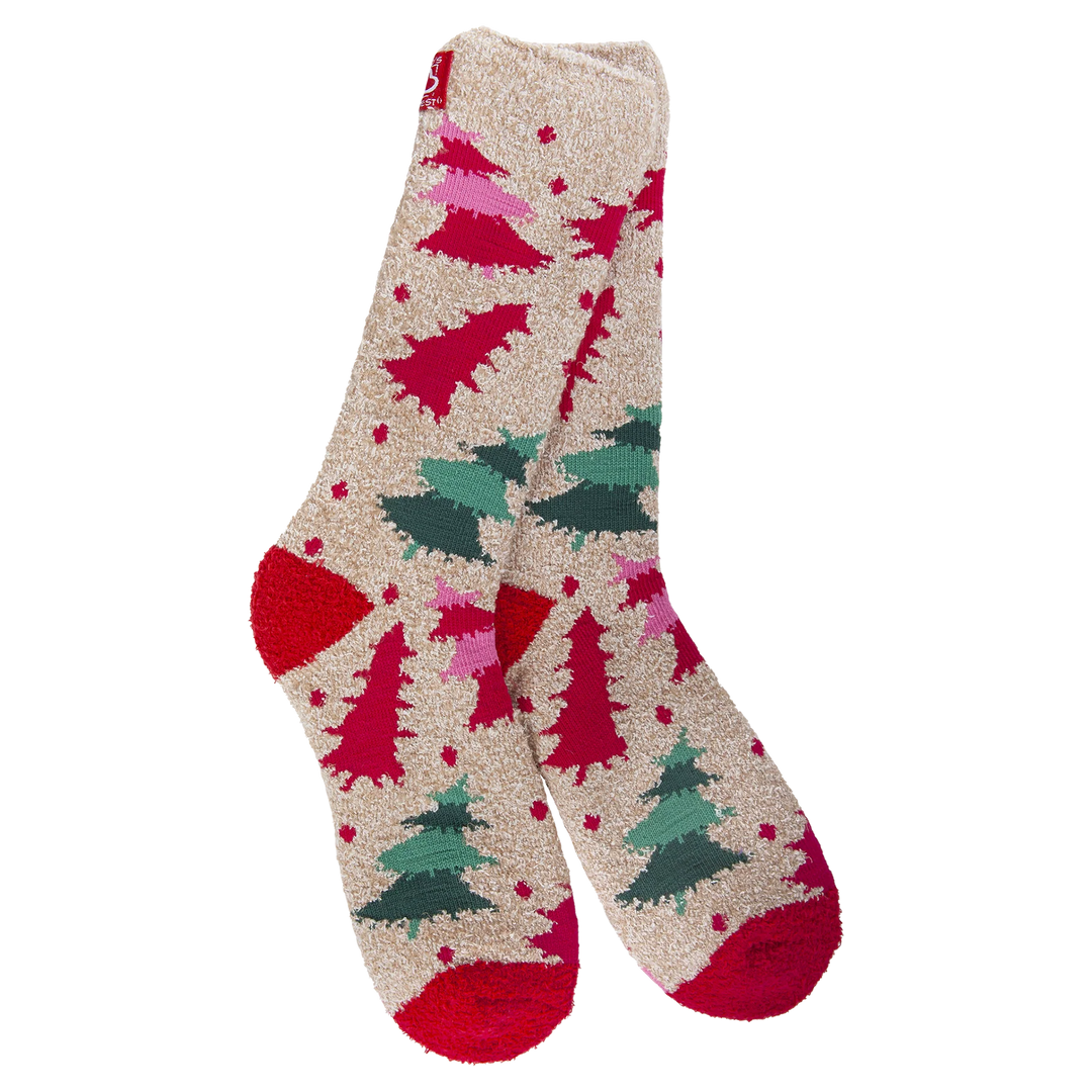 World’s Softest Socks cream crew socks with red, green, and pink Christmas pine trees and red heels and toes 