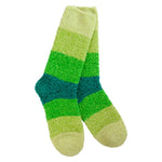 A pair of plush, soft crew socks featuring a vertical ombré gradient that transitions through various shades of green.