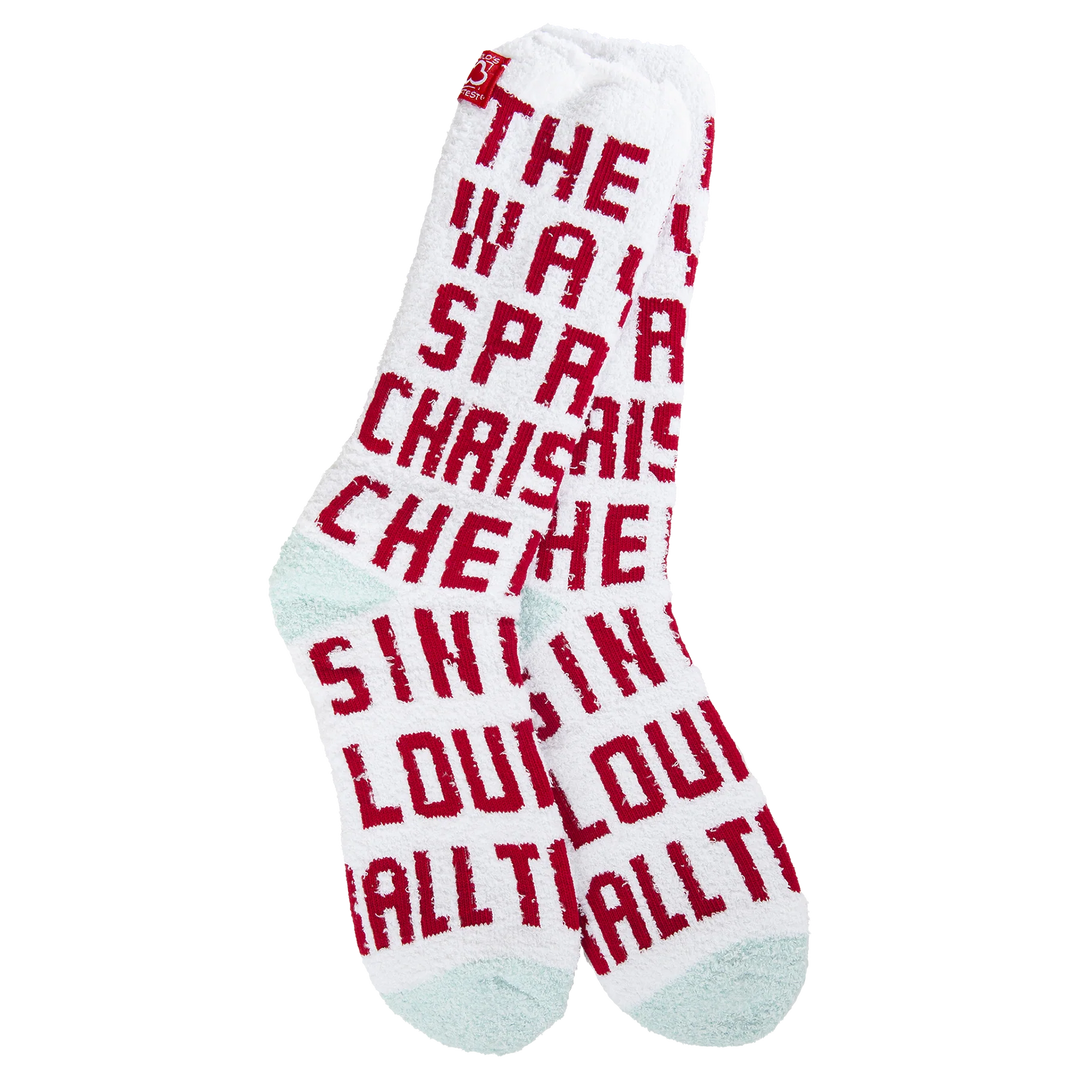 World’s Softest Socks brand white crew socks with red and white Christmas Cheer graphics from the movie Elf and mint heels and toes
