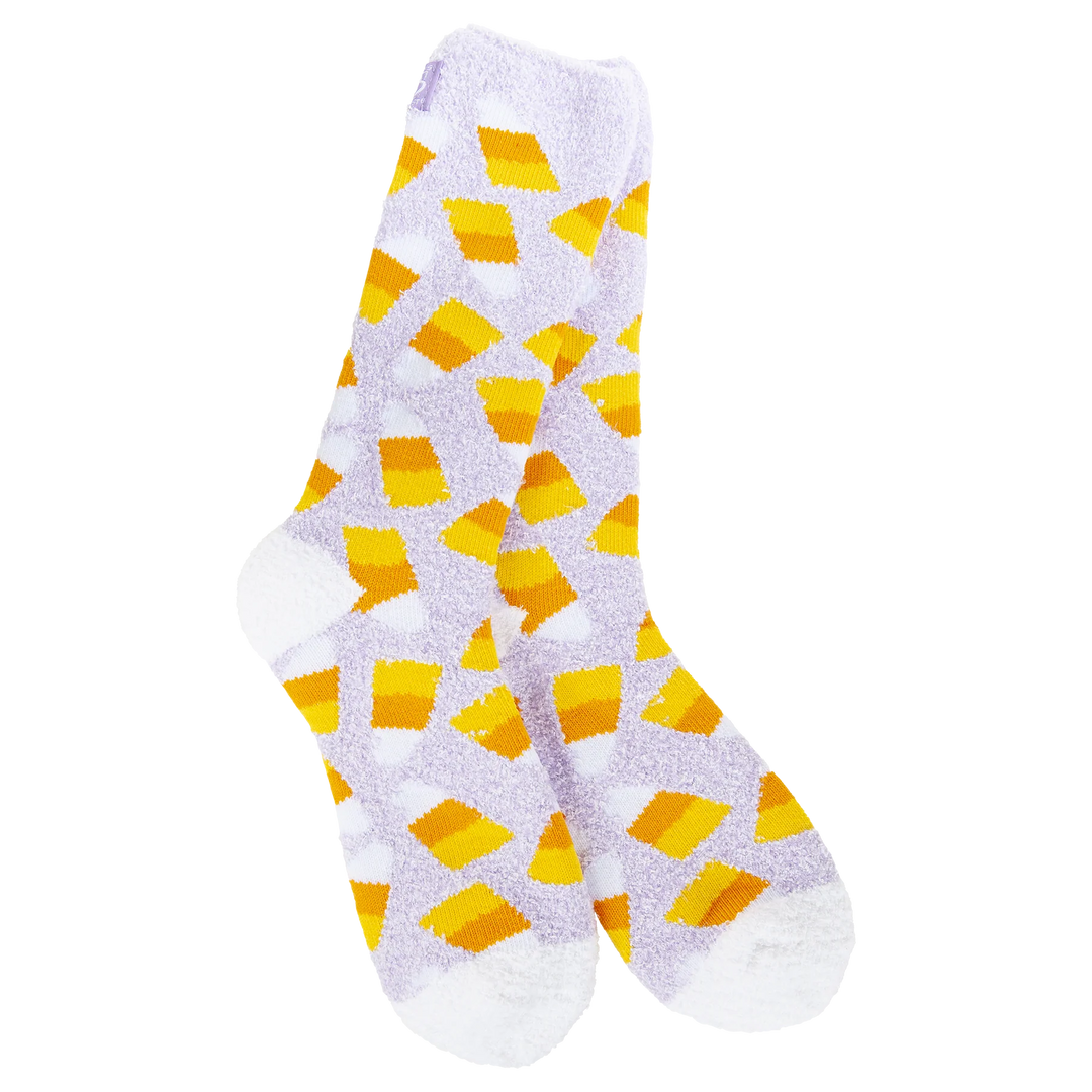 World’s Softest Socks brand lavender crew socks with candy corn graphics and white heels and toes 