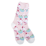 World’s Softest Socks brand pastel pink crew socks with blue soup bowls and red and white chickens