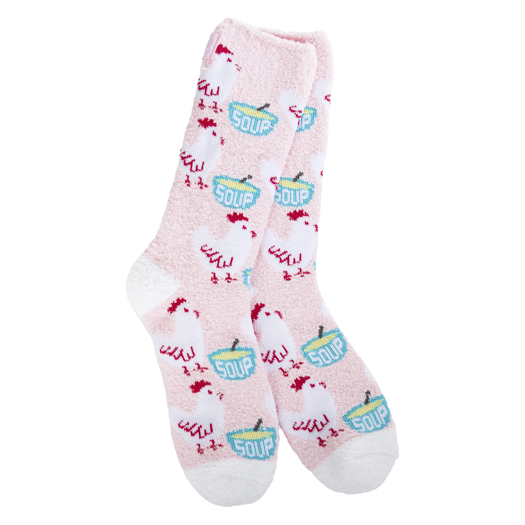 World’s Softest Socks brand pastel pink crew socks with blue soup bowls and red and white chickens