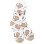 World’s Softest Socks brand white crew socks with small brown turkeys and tan heels and toes
