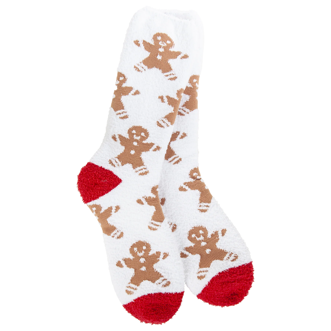 World’s Softest Socks with small brown gingerbread men and red heels and toes.