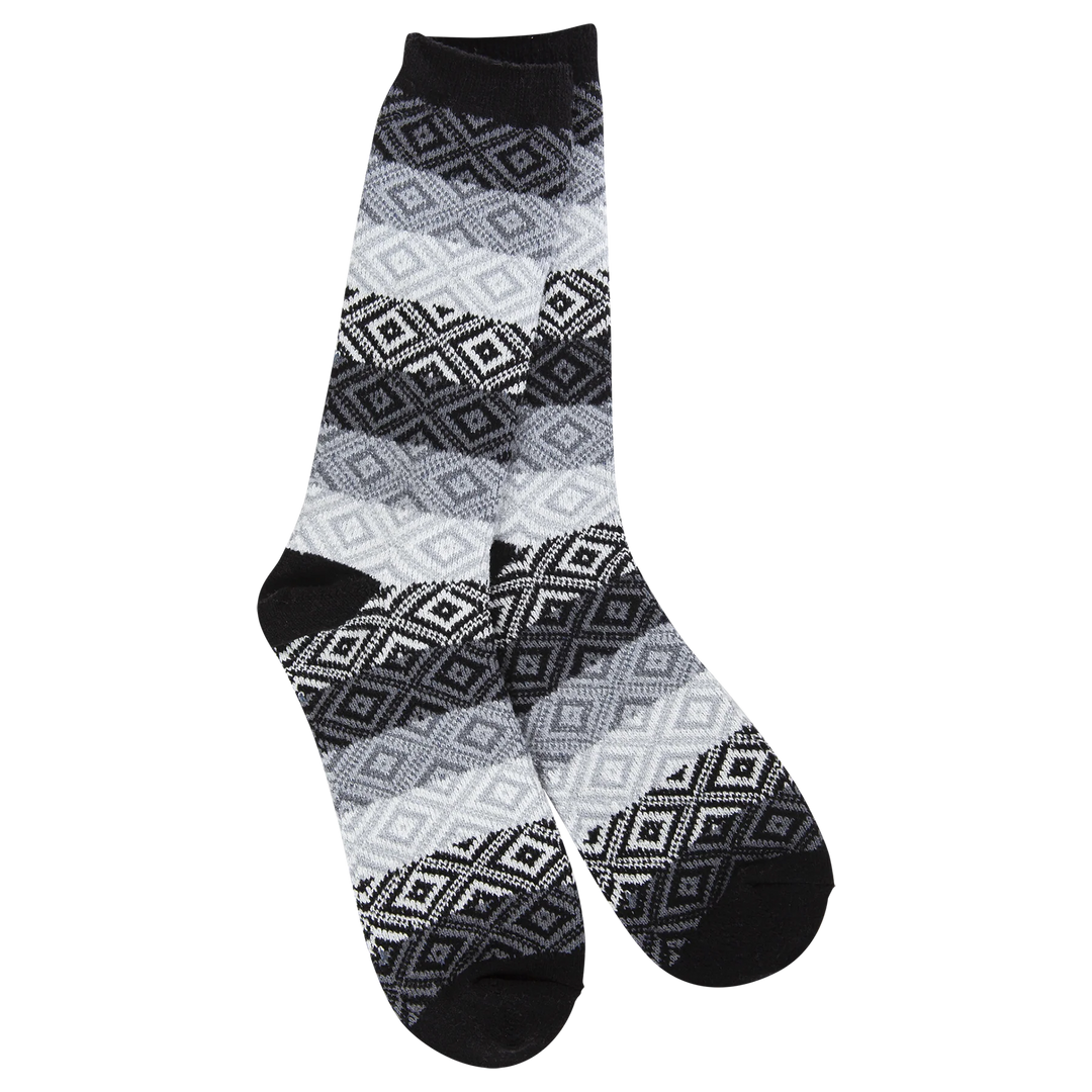 World’s Softest Socks with a geometric diamond black and white pattern and black heels and toes.
