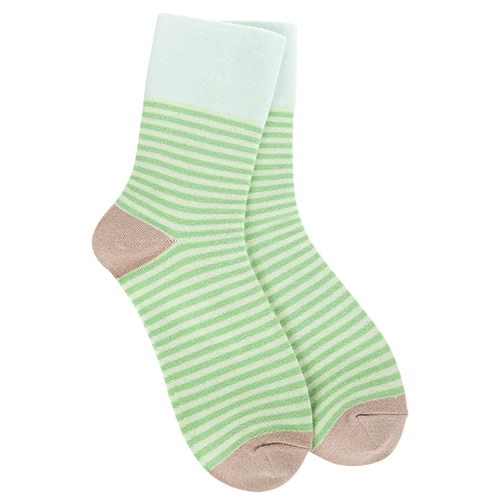 World’s Softest Socks with a lime green stripe pattern and tan heels and toes.