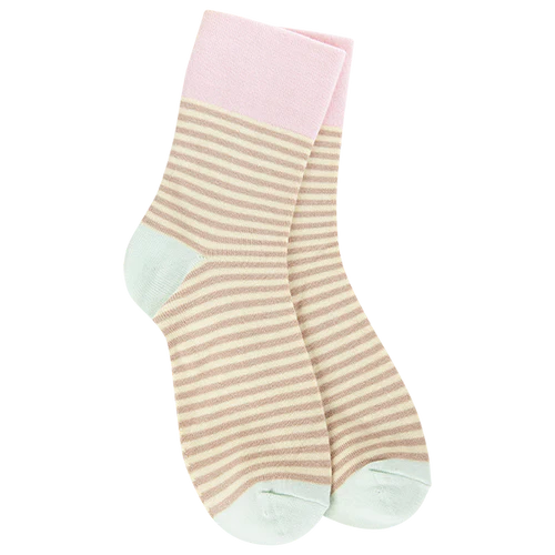 World’s Softest Socks in taupe stripe with mint heel and toe and pastel pink trim
