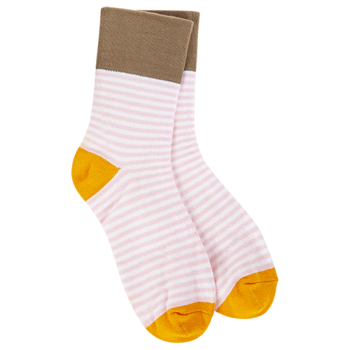 World’s Softest Socks with white and pink horizontal stripe pattern and orange heels and toes and brown trim 