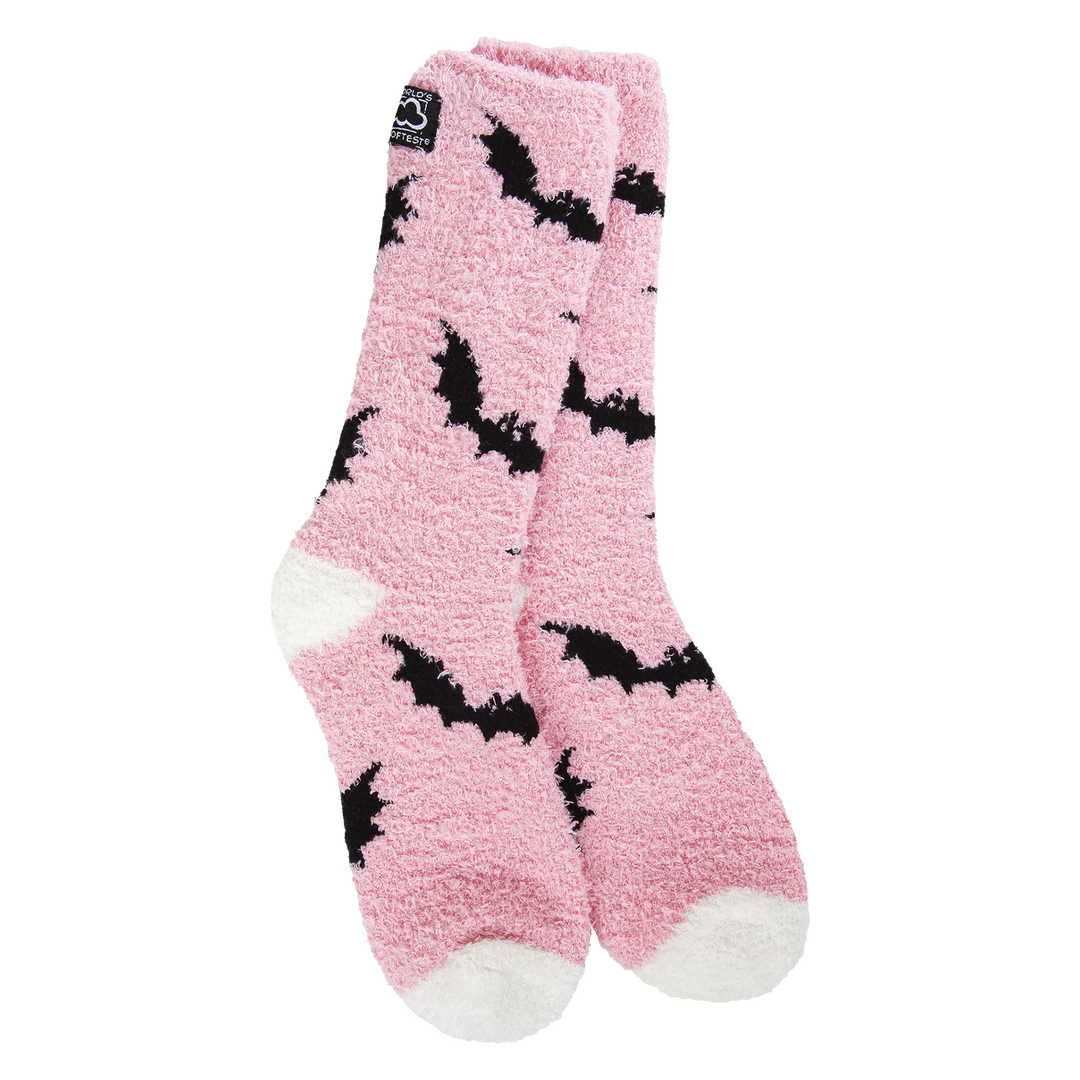 World’s Softest Sock brand pastel pink crew socks with black bat graphics and white heel and toe