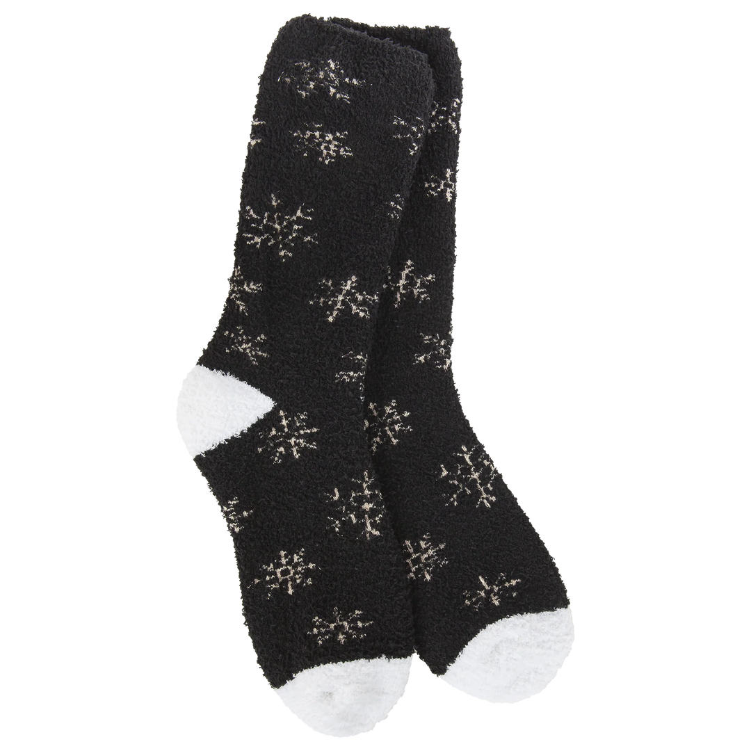 World’s Softest Sock brand black crew style with white snowflakes, heels, and toes