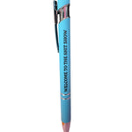 Blue Welcome To The Shit Show pen with stylus tip and black lettering.