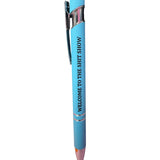 Blue Welcome To The Shit Show pen with stylus tip and black lettering.