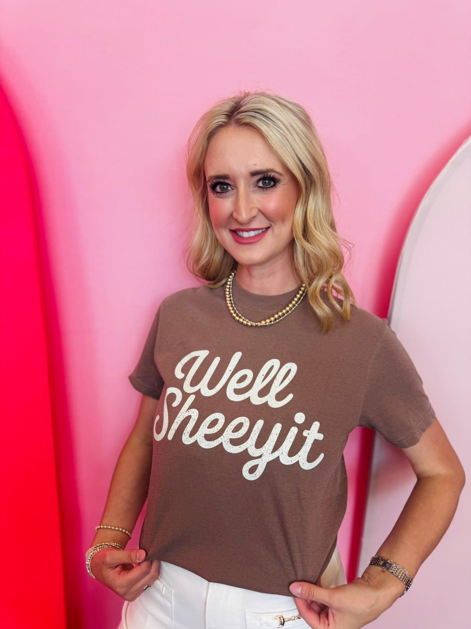 Dusty mauve Comfort Colors tee with vintage Well Sheeyit script graphic