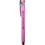 Pink What Fresh Hell Is This pen with stylus tip and black lettering.
