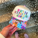 Cream multicolor “What’s the Best That Could Happen” trucker hat with patchwork bill and star embroidery.