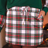 White plaid holiday skort with drawstring, pockets, and built-in shorts.