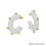 White gold studded hoop earrings, water resistant and lightweight.